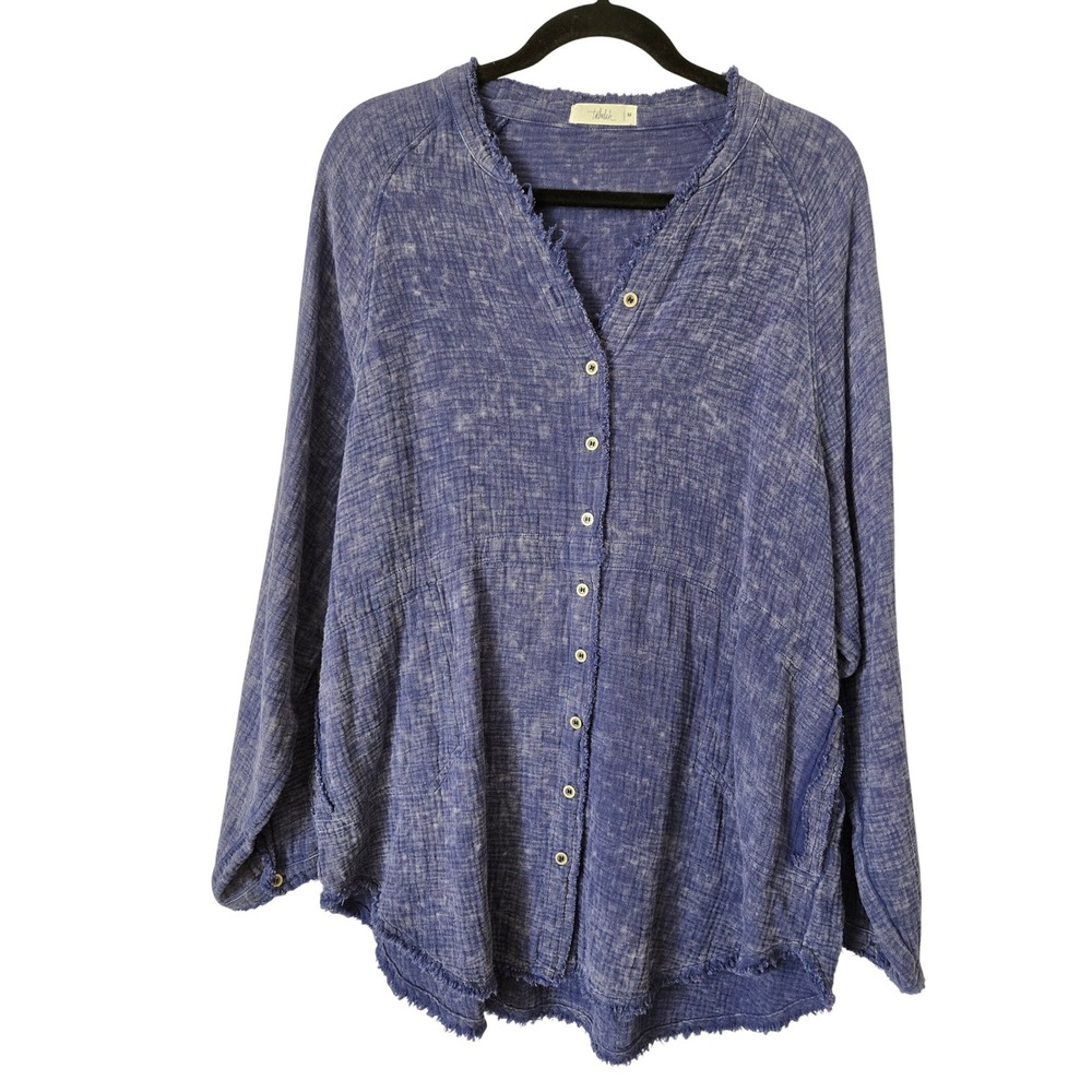 Talulah Womens M Button Down Tunic Top Blue Cotton Gauze Raw Hem Distressed